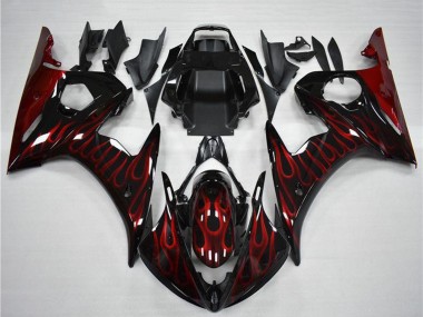 Carénage Moto Yamaha YZF R6 2003-2004 - Noir Brillant Rouge Flamme Abordables