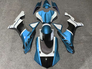 Carénages Moto Yamaha R1 2015-2019 - Bleu Clair Blanc Fibre de Carbone Accents Abordables
