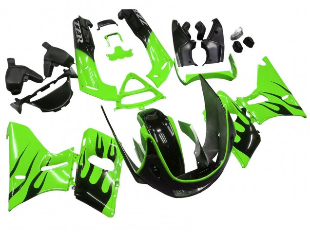 Carénages Moto Kawasaki ZZR600 1998-2003 - Vert Noir Brillant Flamme
