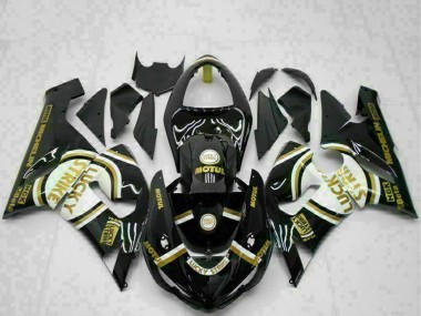 Carénages Moto Kawasaki ZX6R 2005-2006 - Noir Brillant Blanc Or Lucky Strike Abordables