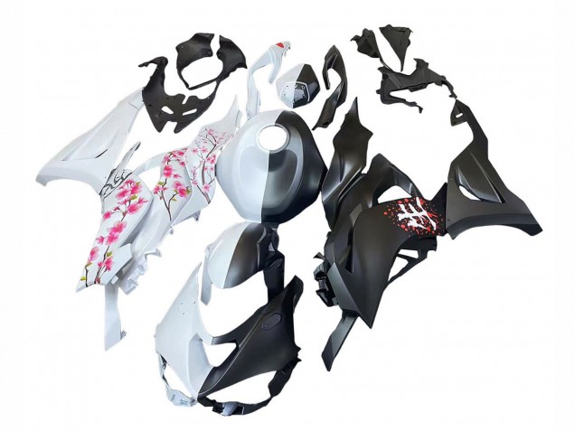 Carénages Moto Kawasaki ZX6R 2023-2025 - Noir Blanc Flower
