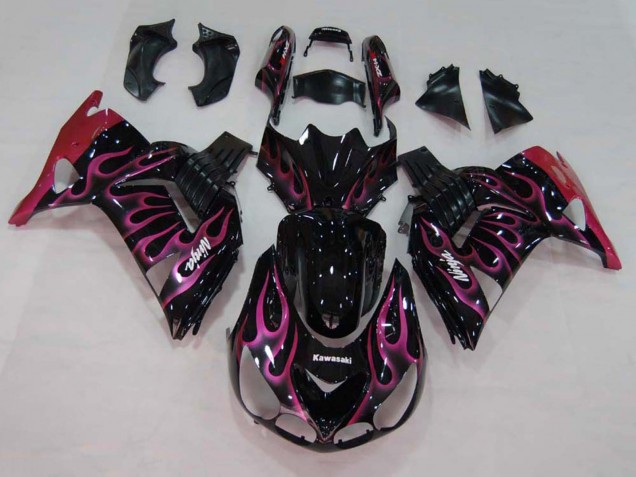 Carénages Moto Kawasaki ZX14R ZZR1400 2006-2011 - Noir Brillant Rouge Rose Flamme