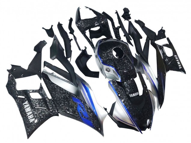 Carénages Moto Yamaha YZF R3/R25 2022-2024 - Marbre Noir Argent Bleu Fibre de Carbone Forgée Style