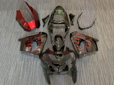 Carénages Moto Kawasaki ZX9R 2000-2001 - Noir Brillant Rouge Flamme Abordables