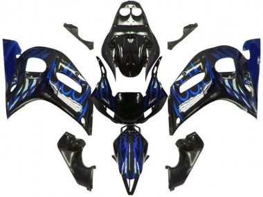Carénages Moto Yamaha YZF 600 R6 1998-2002 - Noir Brillant Bleu Flamme Abordables
