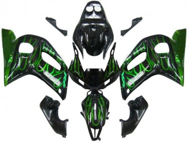 Carénages Moto Yamaha YZF 600 R6 1998-2002 - Noir Brillant Vert Flamme Abordables