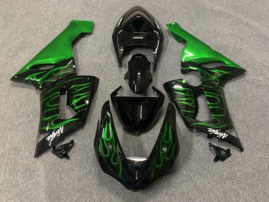 Carénages Moto Kawasaki ZX6R 2005-2006 - Noir Brillant Vert Flamme Abordables