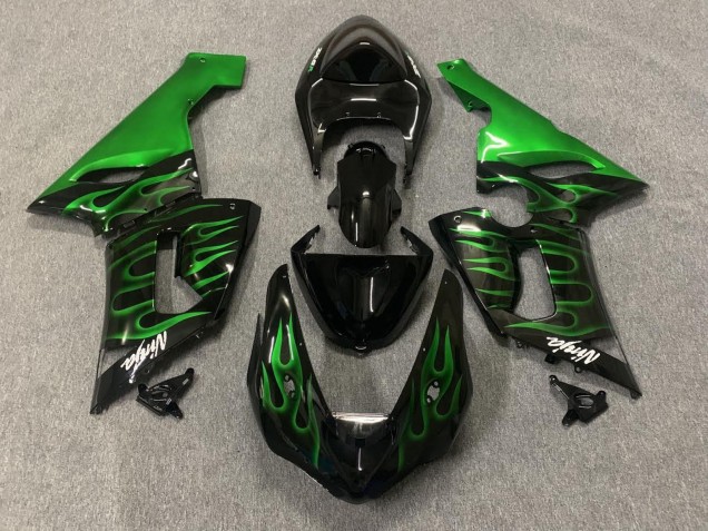 Carénages Moto Kawasaki ZX6R 2005-2006 - Noir Brillant Vert Flamme