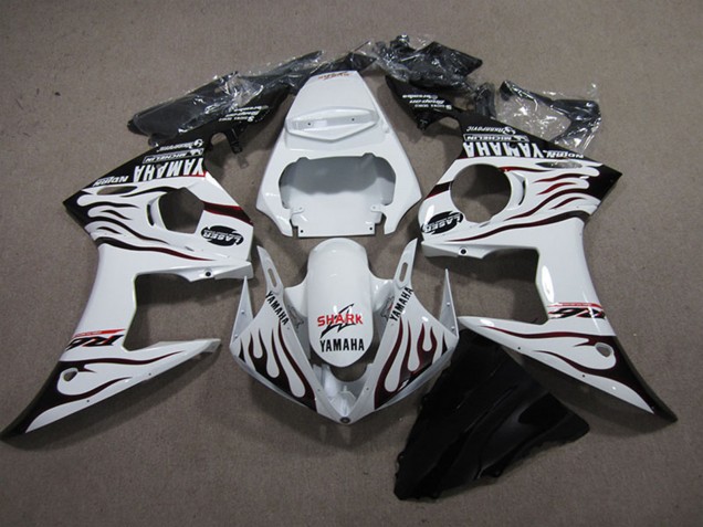 Carénages Moto Yamaha YZF R6 2003-2004 - Blanc Noir Brillant Flamme Requin